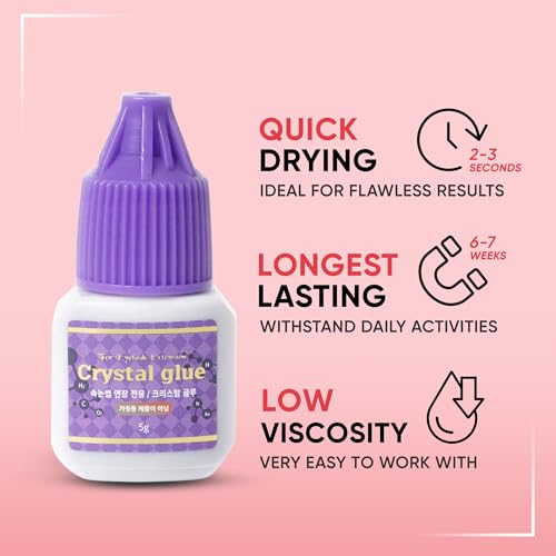 Crystal Glue for Eyelash Extension 5ml, 2-3s Drying Time, 6-7 Weeks Retention, Black Strong Adhesive, Waterproof Lash Bond, Latex Free, Professional Use Only.