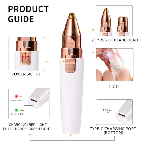 Facial Hair Removal for Women,2 in 1 Electric Hair Removal Device for Chin Upper Lip Peach Fuzz & Rechargeable Eyebrow Trimmer with LED Light for Precise Shaping