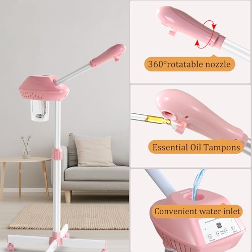 Face Steamer on Wheel Professional Ozone Face Steamer for Deep Facial Cleansing Pink