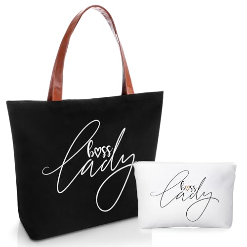 Sieral 2 Pcs Boss Lady Gift Bosses Day Lady Tote Bag with Zipper Makeup Bag Appreciation Gifts for Women Female Leader Coworker Colleague Birthday