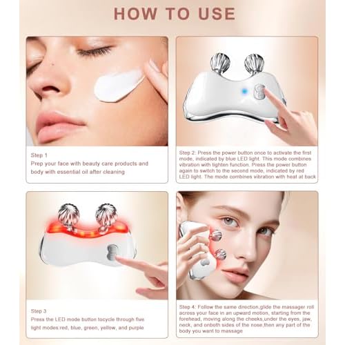 Electric Gua Sha Facial Tools, Facial & Body Massager Tools with Heat and Vibration, 5 LED Lights Gua Sha Device with 2 Metal Roller for Eyes, Neck, Face
