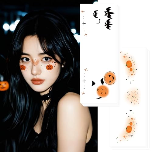 Halloween Face Temporary Tattoos, 14PCS Pumpkin Spider Bat Witch Freckles Tattoo Stickers, Halloween Face Makeup Tattoos for Kids and Women (6x3inch)