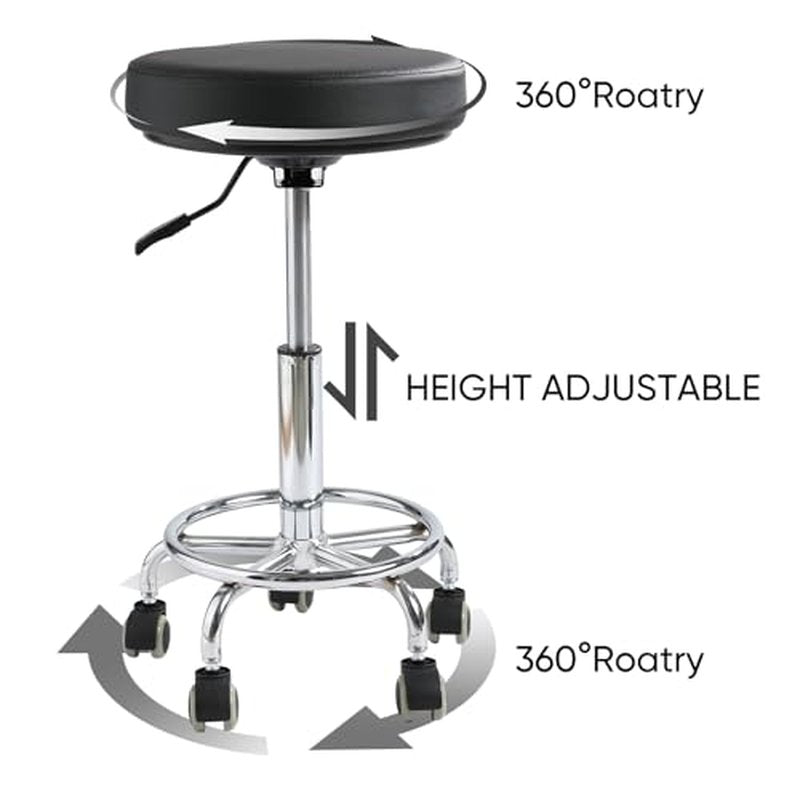 Adjustable Rolling Stool with Wheels - Ergonomic Salon & Tattoo Artist Chair, Office Stool with Comfortable PU Leather Seat,Black