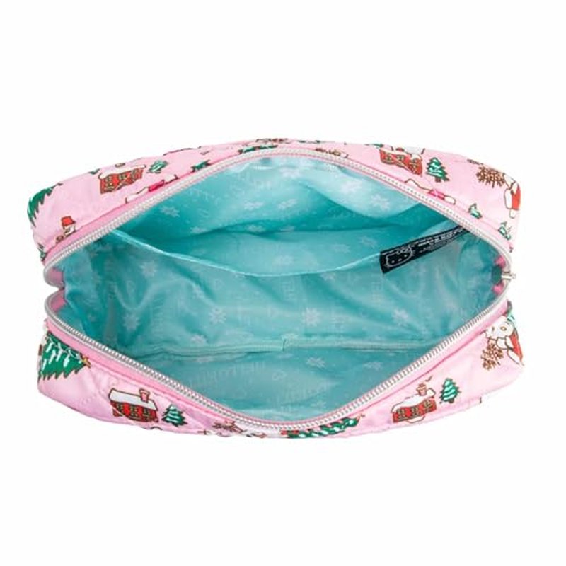 Impressions Vanity Hello Kitty Cozy Cosmetic Pouch for Women, Travel Makeup Bag Organizer Diamond Quilted Exterior with Slip Pocket and Zipper Pocket Silver Hardware, Holiday Artwork Polyester