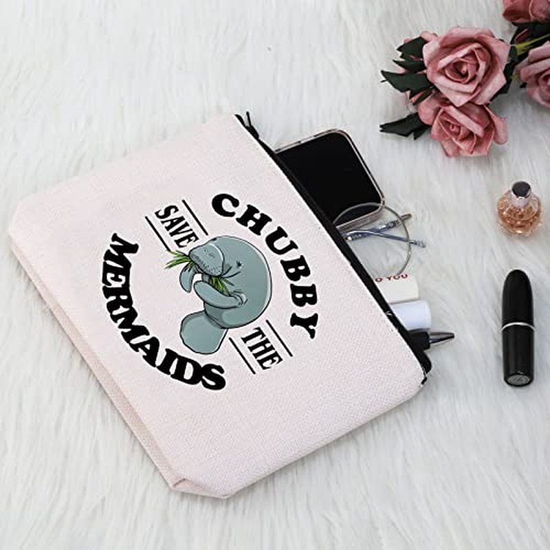 G2TUP Sea Manatee Lover Gift Save The Chubby Mermaids Makeup Bag Manatee Sea Cow Cosmetic Bag Animal Lover Gift Zipper Travel Bag (Save The Chubby Mermaids White Bag)