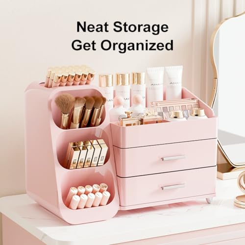 Makeup Organizer with Drawers,Large Capacity Countertop Organizer for Vanity,Bathroom and Bedroom Desk Cosmetics Organizer,Easy To Storage Skincare,Brushes,Lotions,Lipstick (All Pink)
