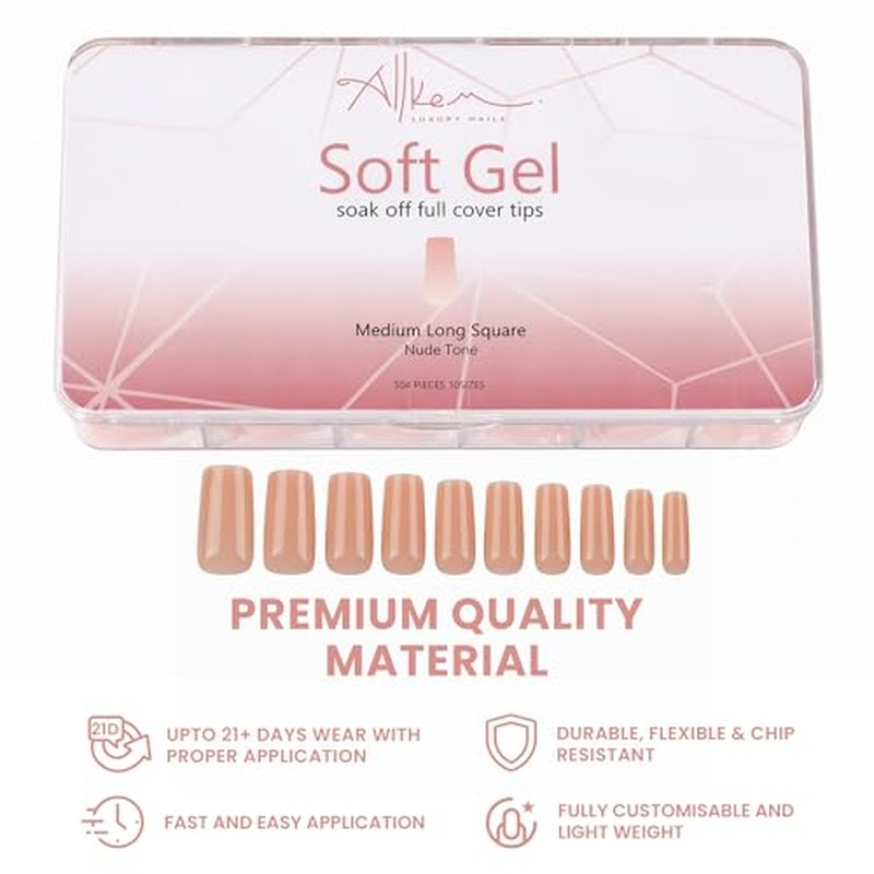 Allkem Soft Gel Nail Tips - Medium Long Square Nail Extensions Kit - 12 Sizes Long Full Cover Nails - Nude (504 Pieces)