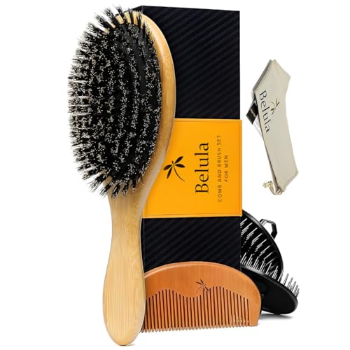 Men's Boar Bristle Hair Brush Set for Thin, Short Hair - Natural Oil Distribution & Scalp Massage