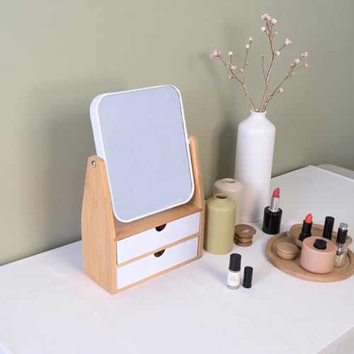 Rectangular Magnifying Makeup Mirror with Storage Box - 1X/5X Double-Sided, Bamboo Frame