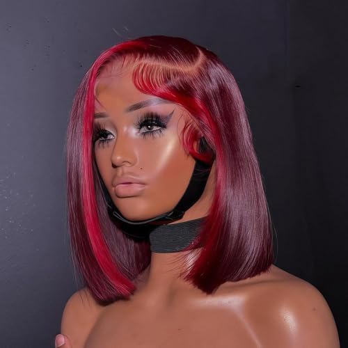 Koinu Highlight Red 99J Bob Wig 13x4 Lace Front Human Hair 14 Inch, 180 Density