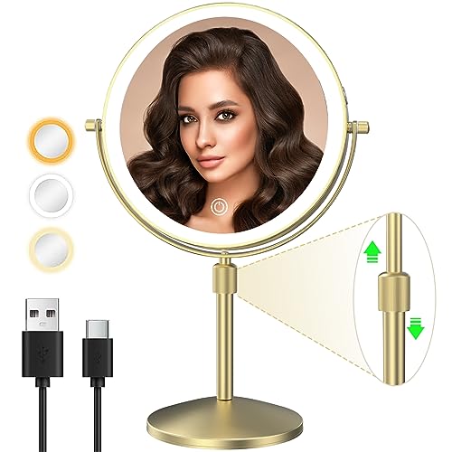 MIROAMZ 8-Inch Lighted Makeup Mirror with 10X Magnification & Adjustable Height - Gold