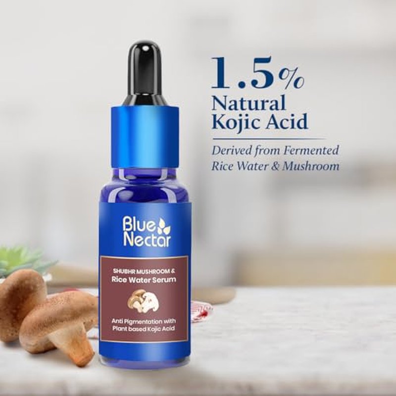 Blue Nectar 1.5% Kojic Acid Face Serum | Mushroom & Rice Water Skin Serum for Reducing the Appearance of Pigmentation & Dark Spots | Night & Day Serum for Women & Men (18 Herbs, 30ml)