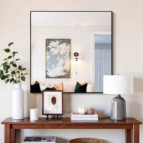 COFENY Black 30x30 Inch Rectangle Wall Mirror with Metal Frame - Modern Vanity Bathroom & Living Room Decor - Horizontal or Vertical Mounting