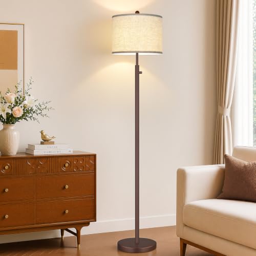 Dimmable Floor Lamp with Linen Shade - Matte Brown Tall Standing Light, 11W LED Bulb Included