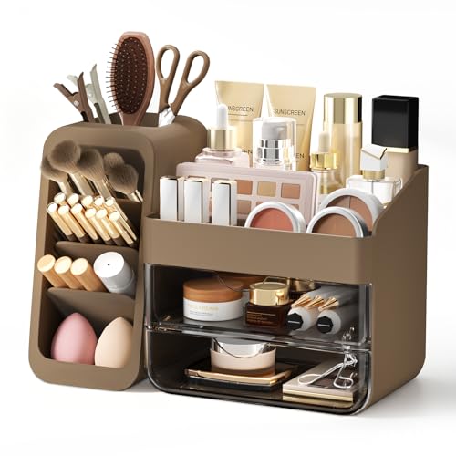 Countertop Makeup & Skincare Organizer with Adjustable Brush Holder - Taupe