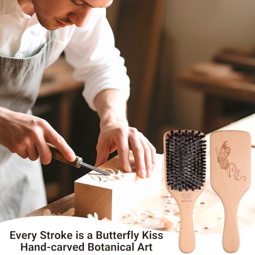 Pure Boar Bristle Hair Brush Set with Wide-Tooth Comb - Natural Beechwood Detangling Kit for Shine & Frizz Control - Gift for Women & Men - Variation: Boar Bristle
