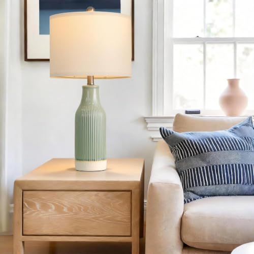 Set of 2 Green Ceramic Table Lamps - Modern 23.75-Inch Bedside Nightstand Lighting