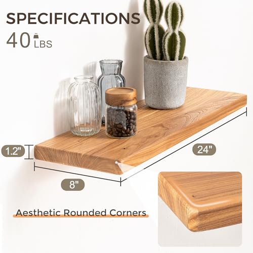 24-Inch Rustic Elm Wood Floating Shelves Set of 2 - Deep Wall Storage with Invisible Brackets