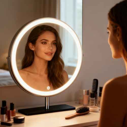Vanity Mirror Makeup Mirror with Stand,15.8" Round Vanity Mirror, LED Lights, Smart Touch 360¡ÆRotation, Dimmable White (Black)