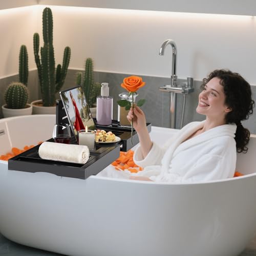 Bathtub Tray Caddy,Premium Bamboo Expandable Bath Tub Trays Table, Foldable Bathroom Accessories,Great House Warming, Anniversary and Birthday Gifts,Black