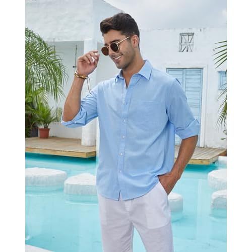 J.VER Men's Linen Shirts Casual Button Down Long Sleeve Shirt Solid Spread Collar Summer Beach Shirts with Pocket