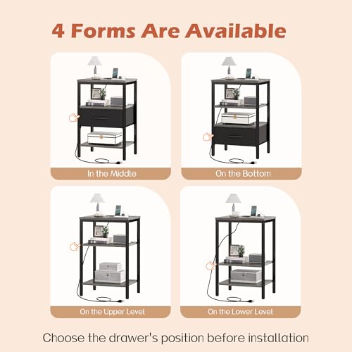 SUPERJARE Set of 2 Nightstands with Charging Station - Charcoal Gray & Black, Model M-2, 11.8"D x 15.7"W x 23.4"H