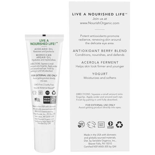 Nourish Organic Eye Treatment, Avocado & Argan ? Renewing & Hydrating Under Eye Brightener with Vitamin C + Washable Cotton Round
