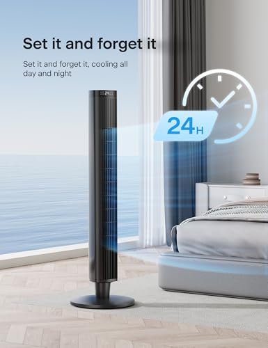 Pelonis 42-Inch Black Tower Fan with Remote, 6 Speeds, 4 Modes, 24-Hour Timer