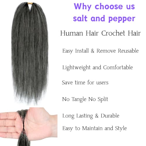 Grey Salt and Pepper Crochet Hair 12 Inch 50 Strands - Reusable Human Hair Bundles for Black Women, Invisible Knotless Style - #Grey Straight-50Strands / 12IN