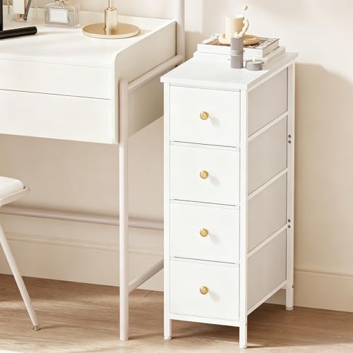 Fixwal Narrow Storage Cabinet - Slim White Dresser with 4 Fabric Drawers, 16.5 x 9.5 x 29.5 Inches