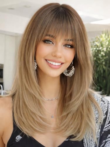 Ombre Blonde Layered Wig with Bangs - Beginner Friendly Synthetic Hair