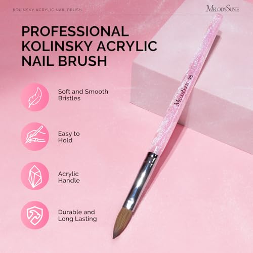 MelodySusie Kolinsky Acrylic Nail Brush Pink Glitter Size 8 - Professional & Salon Use