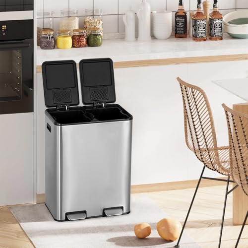 Stainless Steel Trash Can with Lid 16G (2x8G) - Fingerprint-Proof, Quiet Close, Odor Control - Variation: Stainless Steel / 8G x 2