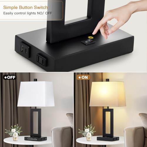 Black Bedside Table Lamp Set of 2 with USB & Type-C Ports - Modern Nightstand Lamps with Fabric Shades - White & Black Variation