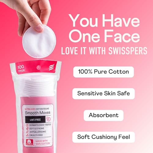 Swisspers Ultra Luxe Strong Cotton Rounds - 100 Count Pack of 6, Dual-Sided, Biodegradable, Self-Care & Makeup Remover