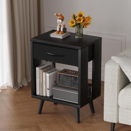 24-inch Nightstands Set of 2 with Fabric Drawers, Black - Modern Bedroom Storage