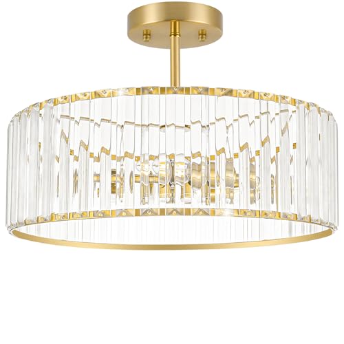 16 Inch Modern Crystal Ceiling Light Fixture - 5-Light Semi Flush Mount Gold