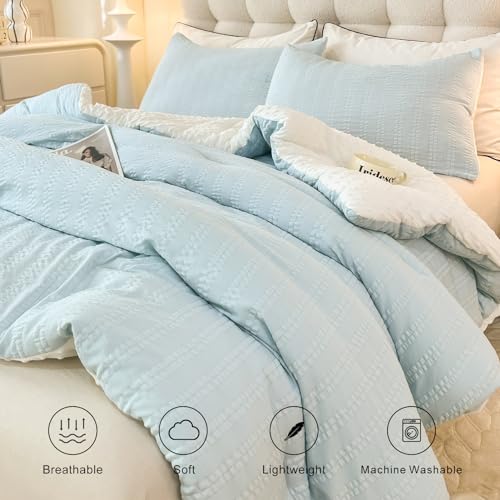 Full Size Light Blue Boho Comforter Set 3 Pieces - Striped Pleats All Season Bedding