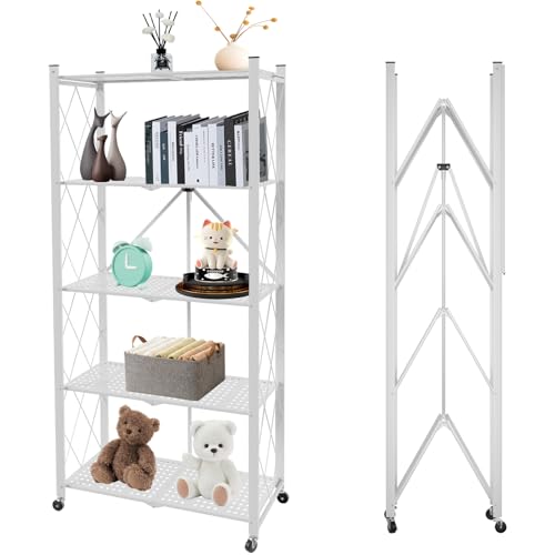 White 5-Tier Folding Storage Shelf with Wheels - No Assembly, Heavy Duty Steel