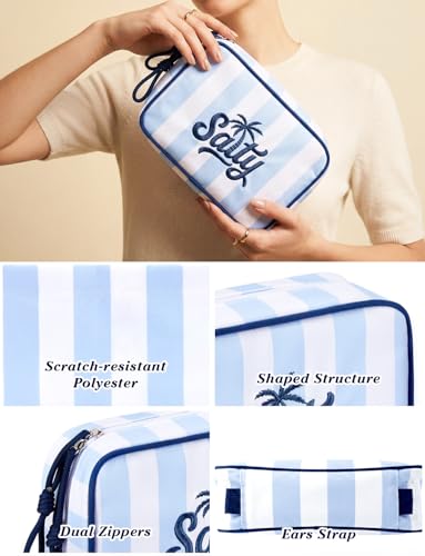Travel Makeup Bag with Embroidered Salty Letter - Blue Striped Cosmetic Organizer for Women, Vacation & Beach Trips