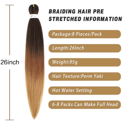 Pre-Stretched Ombre Braiding Hair Extensions 26 Inches - 8 Bundles, Yaki Texture, Itch-Free, Easy Install, Variations 1B/27/30#