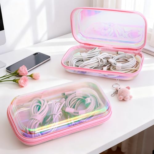 Clear Hard Shell Zipper Case Set - Laser Pink 3 Pcs, Portable Cosmetic & Organizing Bags