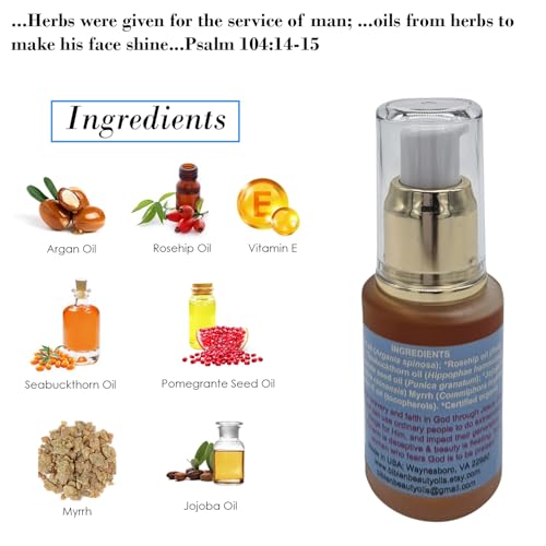 Queen Esther Myrrh Beauty Face Oil, Myrrh-Infused Skincare Essential Oils, Rosehip, Argan, Seabuckthorn, Pomegranate Seed Face Oil for Radiant Skin, 1.0 Fl Oz (Natural Nutty)