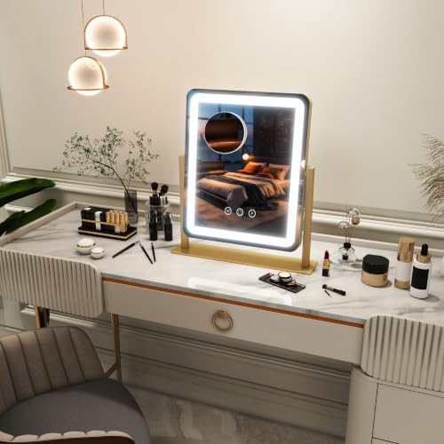 Lighted Vanity Mirror with Lights - 15x12.6 Inch LED Touch Screen, Dimmable & 3-Color Modes - Gold, Adjustable Brightness