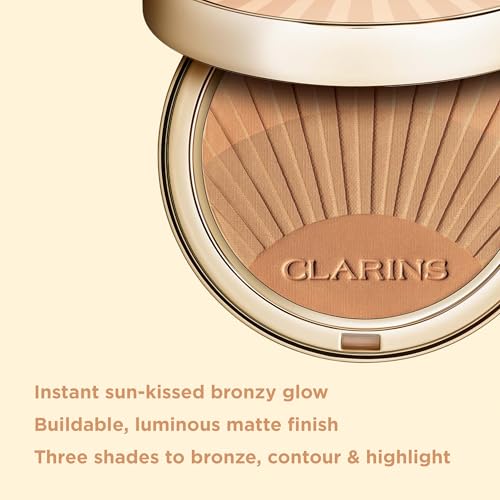 Clarins Bronzing Powder | Buildable, Luminous Matte Finish | 3-in-1 Bronzer, Contour, and Highlighter | Natural, Sun-Kissed Glow | 0.4 Ounces