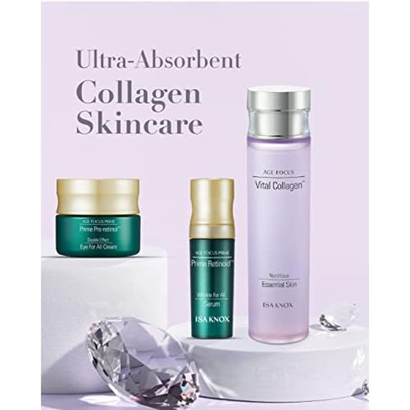 ISA KNOX Age Focus Vital Collagen Essential Toner by LG Beauty, Prime Wrinkle for All Serum & Prime Eye for All Cream (177 ml/5.99 fl oz) - Korean Skin Care by LG Beauty.