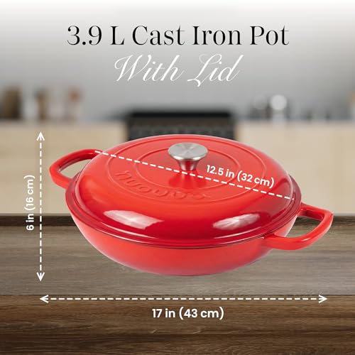 Red 5-Quart Shallow Cast Iron Enamelled Dutch Oven with Lid - Sturdy Ovenproof Cookware
