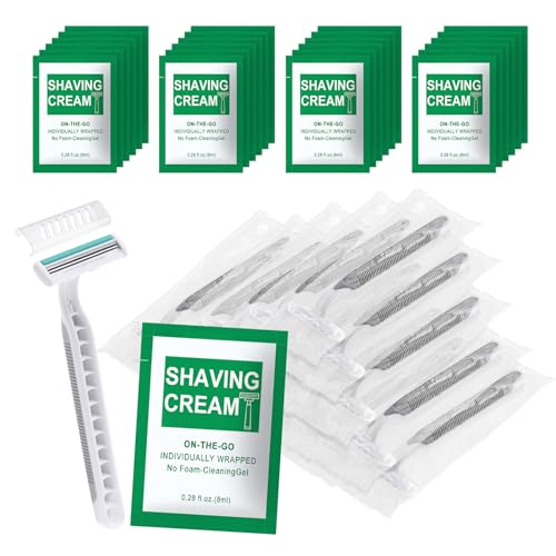 Disposable Razors Bulk - Pack of 100,Individually Wrapped Grey 3 Blade Razors with 8 ml/0.28 fl oz Packet Shaving Cream and Clear Cap for Homeless,Hotel,Shelter,Travel