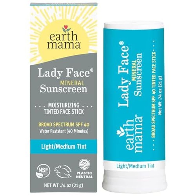 Earth Mama Lady Face¢ç Tinted Mineral Sunscreen Face Stick SPF 40 Light/Medium Tint | Contains Organic Shea & Cocoa Butter | Foundation + Concealer Blends with Most Skin Tones
