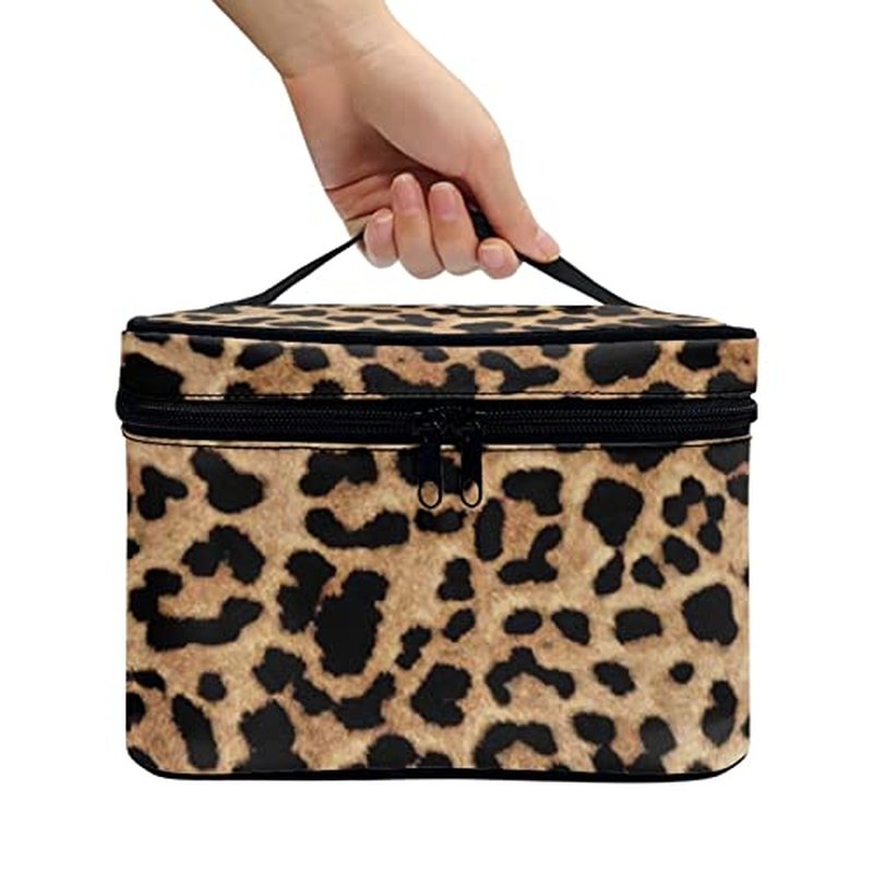 JEOCODY Leopard Print Makeup Pouch Multifunction Cosmetic Bag with Handle Toiletry Bag Waterproof Travel Hanging Organizer Bag for Women Girls